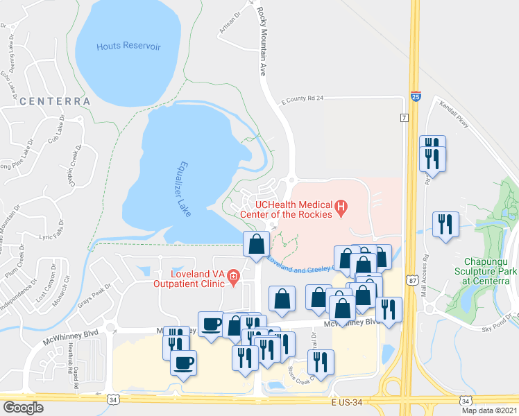 map of restaurants, bars, coffee shops, grocery stores, and more near 2319 Rocky Mountain Avenue in Loveland