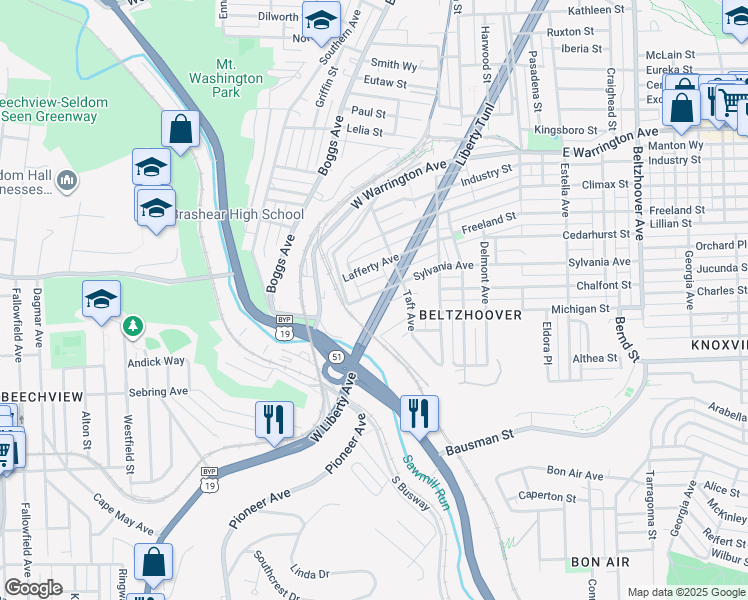 map of restaurants, bars, coffee shops, grocery stores, and more near 28 Sylvania Avenue in Pittsburgh