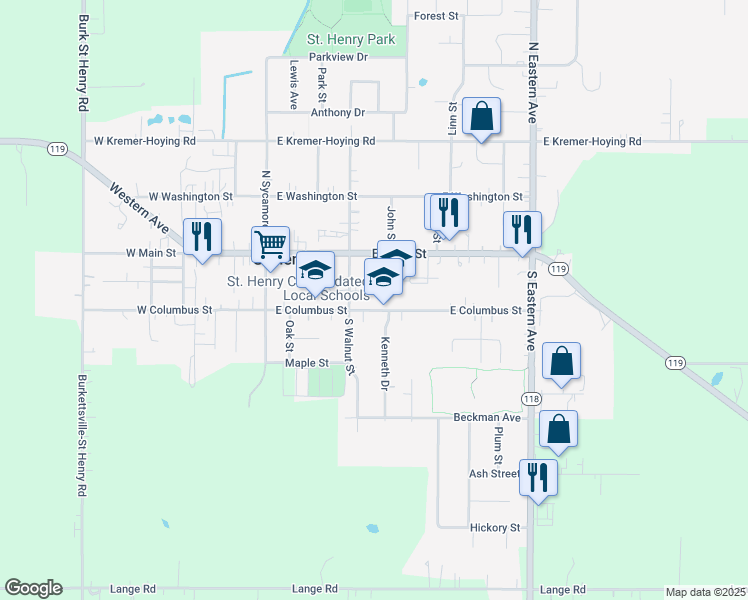 map of restaurants, bars, coffee shops, grocery stores, and more near 391 East Columbus Street in Saint Henry