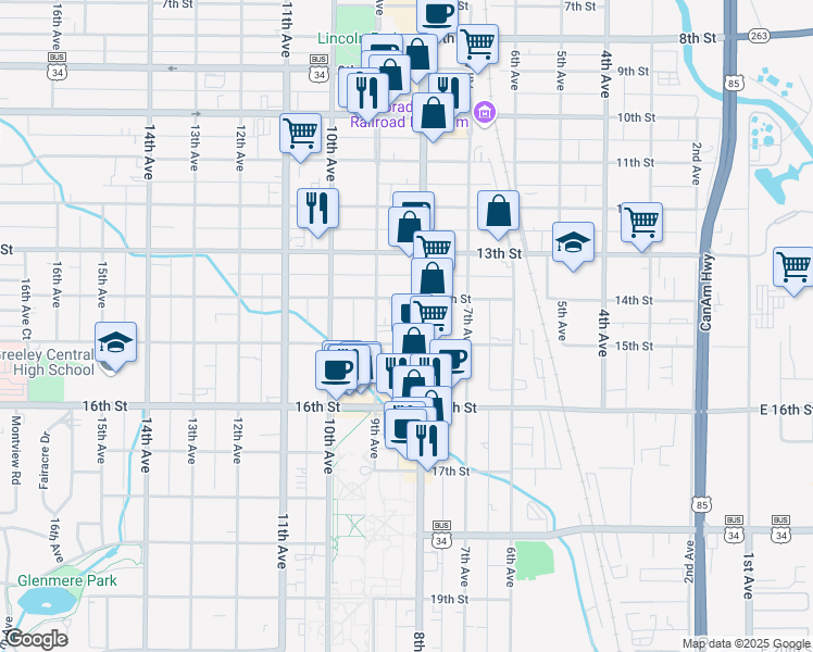 map of restaurants, bars, coffee shops, grocery stores, and more near 1424 8th Avenue in Greeley