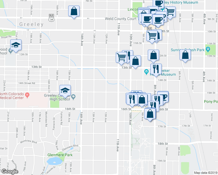 map of restaurants, bars, coffee shops, grocery stores, and more near 1115 15th Street in Greeley