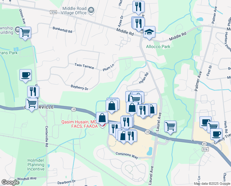 map of restaurants, bars, coffee shops, grocery stores, and more near 24 Alpine Road in Holmdel