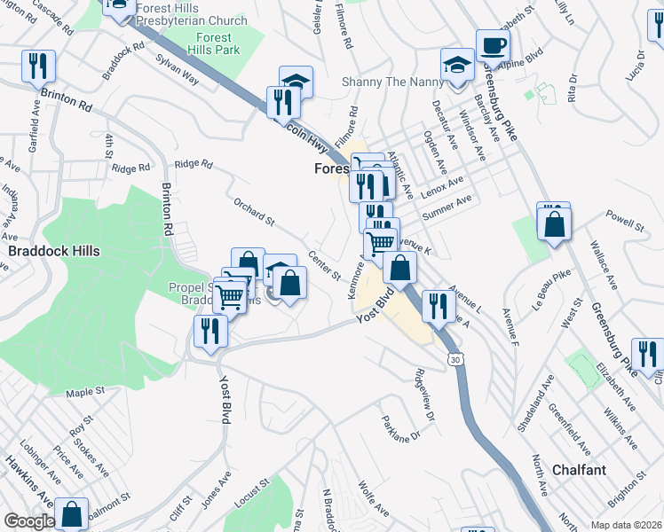 map of restaurants, bars, coffee shops, grocery stores, and more near 112 Cedar Avenue in Pittsburgh