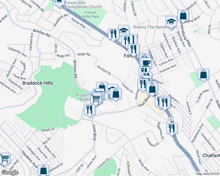 map of restaurants, bars, coffee shops, grocery stores, and more near 1050 Ardmore Manor Drive in Pittsburgh
