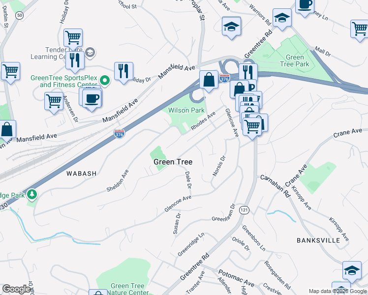 map of restaurants, bars, coffee shops, grocery stores, and more near in Green Tree