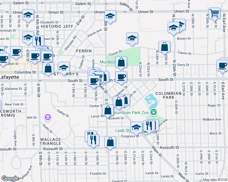 map of restaurants, bars, coffee shops, grocery stores, and more near 20 Grant Street in Lafayette