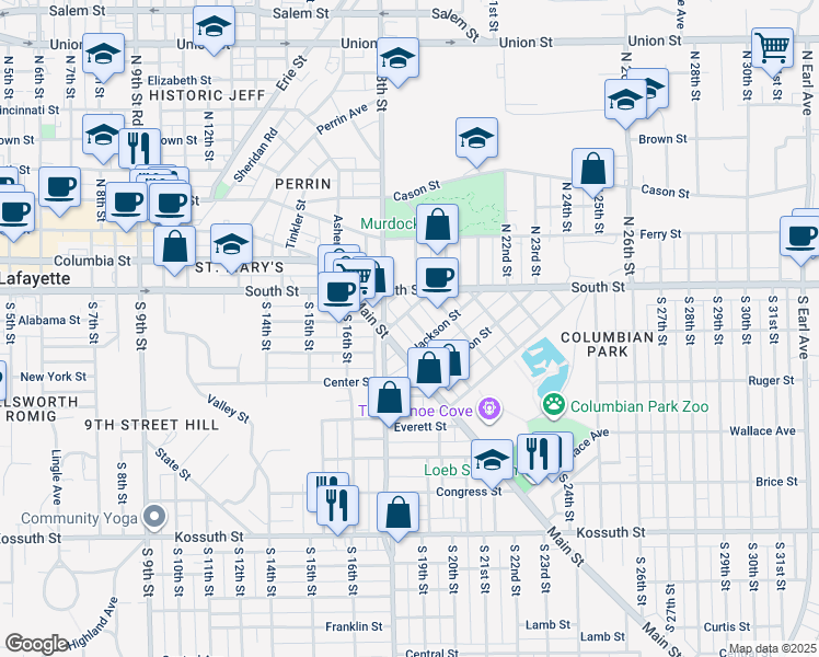 map of restaurants, bars, coffee shops, grocery stores, and more near in Lafayette