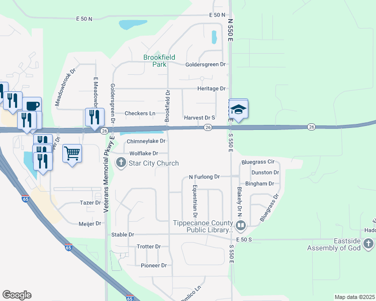 map of restaurants, bars, coffee shops, grocery stores, and more near 5411 Indiana 26 in Lafayette