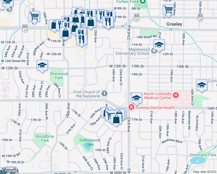 map of restaurants, bars, coffee shops, grocery stores, and more near 2503 West 15th Street in Greeley