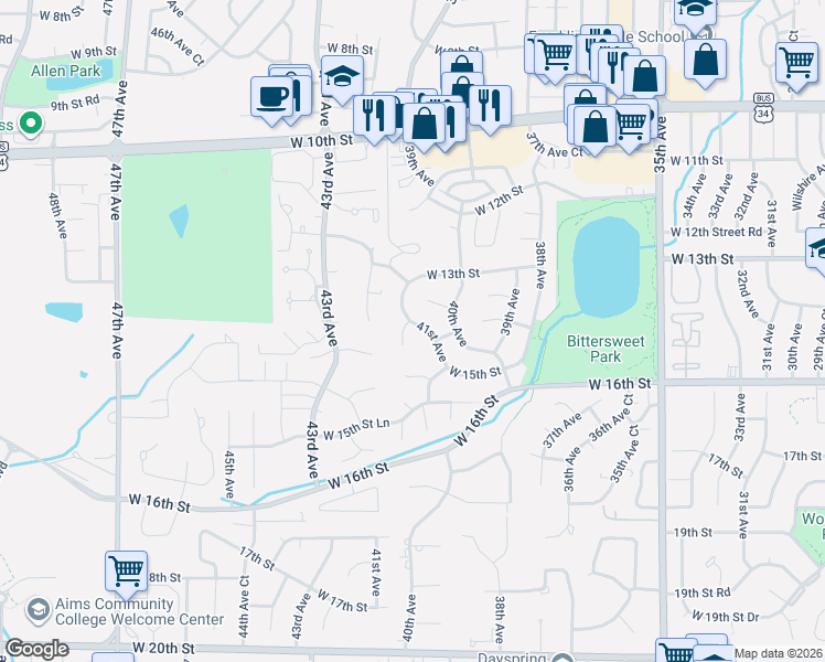 map of restaurants, bars, coffee shops, grocery stores, and more near 1426 41st Avenue Court in Greeley