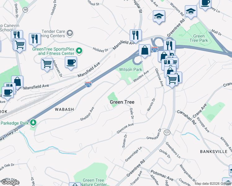 map of restaurants, bars, coffee shops, grocery stores, and more near 132 Rhodes Avenue in Pittsburgh