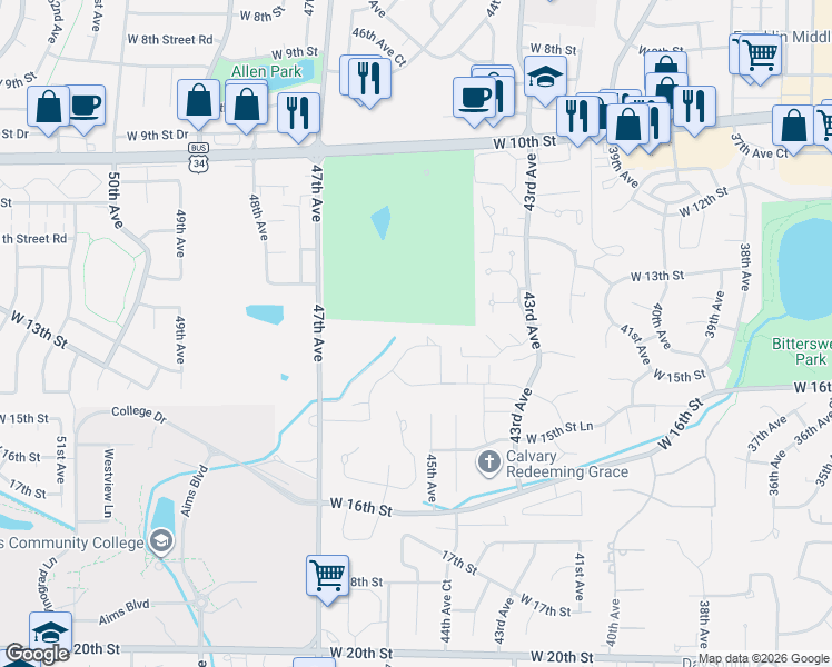 map of restaurants, bars, coffee shops, grocery stores, and more near 4511 West 14th Street in Greeley