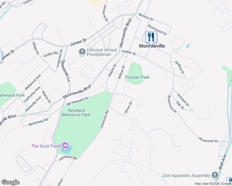 map of restaurants, bars, coffee shops, grocery stores, and more near 2408 Mount Pleasant Drive in Monroeville