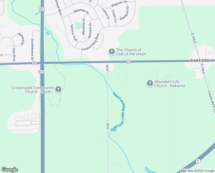 map of restaurants, bars, coffee shops, grocery stores, and more near 50 East in Kokomo