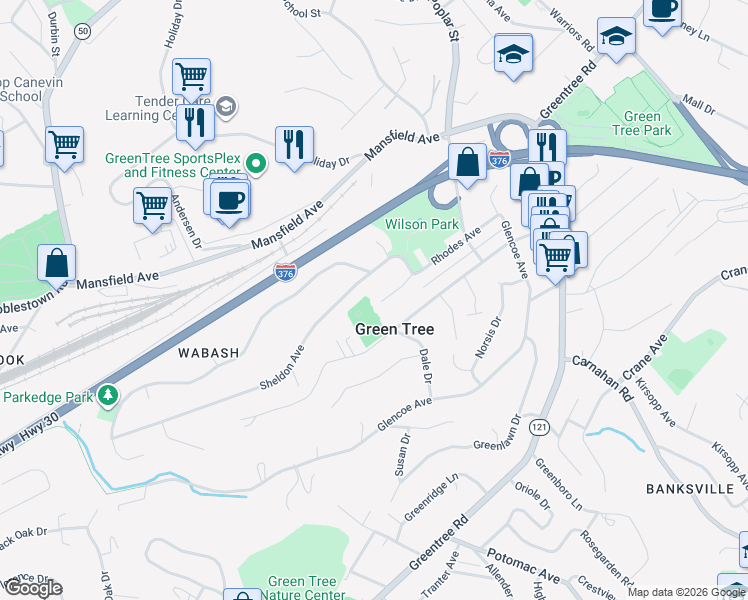 map of restaurants, bars, coffee shops, grocery stores, and more near 132 Rhodes Avenue in Pittsburgh