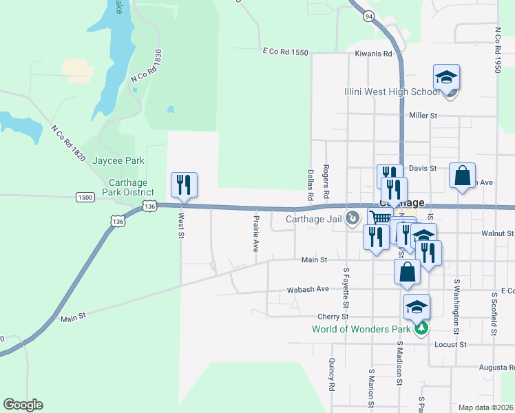 map of restaurants, bars, coffee shops, grocery stores, and more near County Road 1500 in Carthage