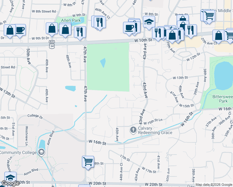 map of restaurants, bars, coffee shops, grocery stores, and more near 4511 West 14th Street in Greeley