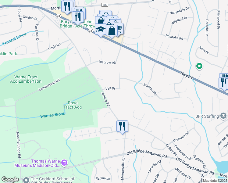 map of restaurants, bars, coffee shops, grocery stores, and more near 10 Vail Drive in Matawan