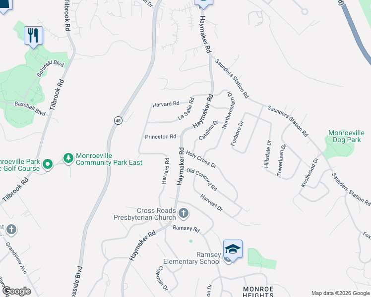map of restaurants, bars, coffee shops, grocery stores, and more near 1201 Holy Cross Drive in Monroeville
