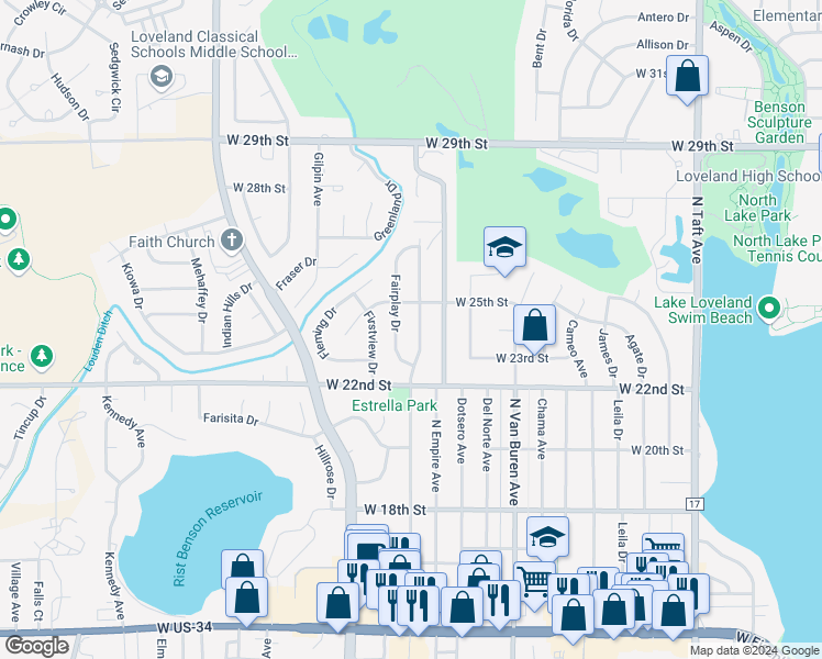 map of restaurants, bars, coffee shops, grocery stores, and more near 2401 North Estrella Avenue in Loveland
