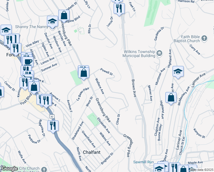 map of restaurants, bars, coffee shops, grocery stores, and more near 324 Cline Street in East Pittsburgh
