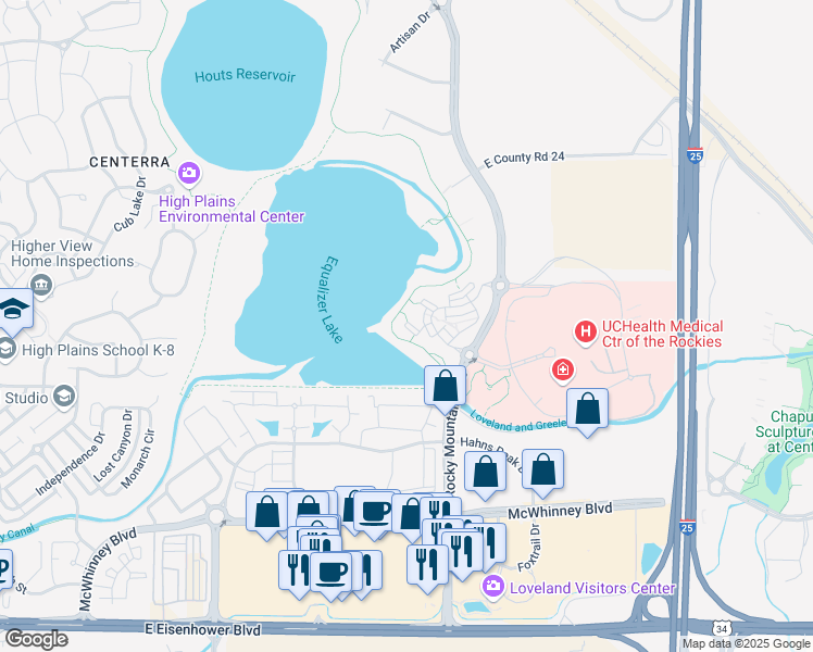map of restaurants, bars, coffee shops, grocery stores, and more near 2217 Rocky Mountain Avenue in Loveland