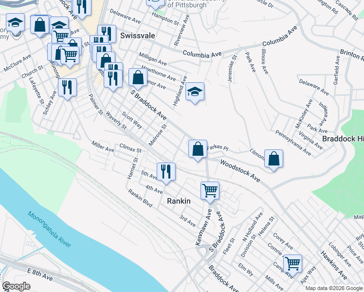 map of restaurants, bars, coffee shops, grocery stores, and more near 7532 Vernon Avenue in Swissvale