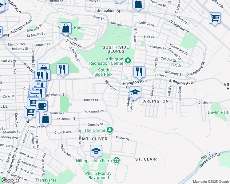 map of restaurants, bars, coffee shops, grocery stores, and more near 2120 Jonquil Street in Pittsburgh