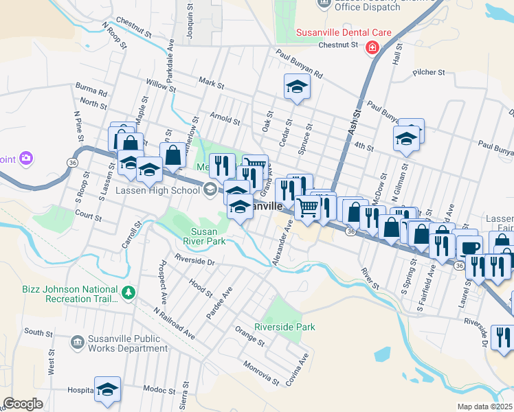 map of restaurants, bars, coffee shops, grocery stores, and more near in Susanville