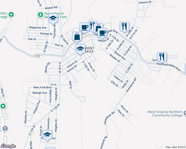 map of restaurants, bars, coffee shops, grocery stores, and more near 256 South 12th Street in Weirton