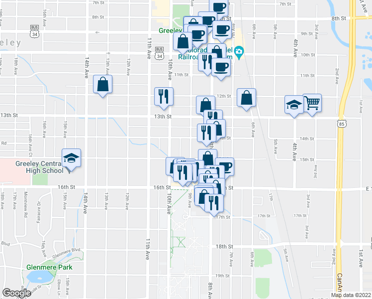 map of restaurants, bars, coffee shops, grocery stores, and more near 1419 9th Avenue in Greeley
