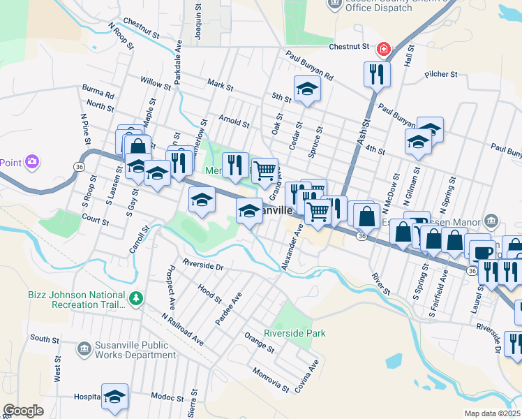 map of restaurants, bars, coffee shops, grocery stores, and more near 50 Foss St in Susanville