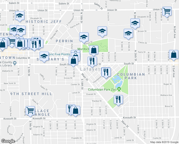 map of restaurants, bars, coffee shops, grocery stores, and more near 107 Lincoln Street in Lafayette