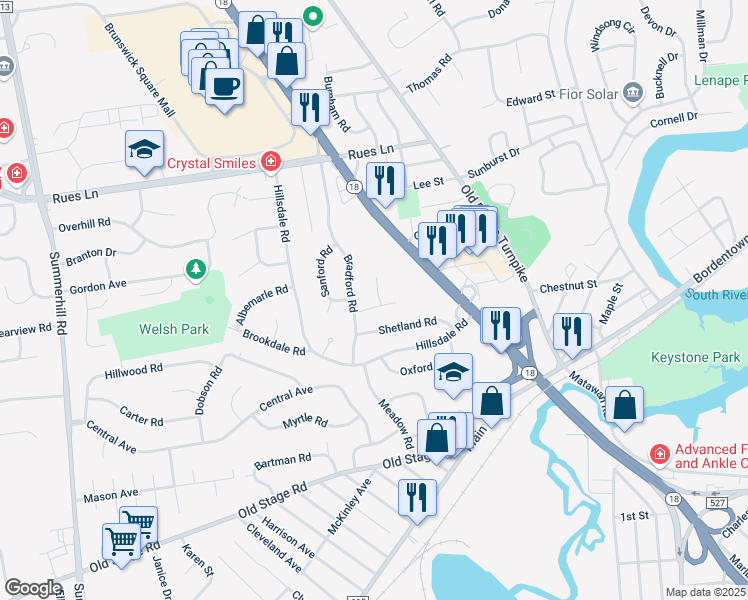 map of restaurants, bars, coffee shops, grocery stores, and more near 8 Clinton Court in East Brunswick