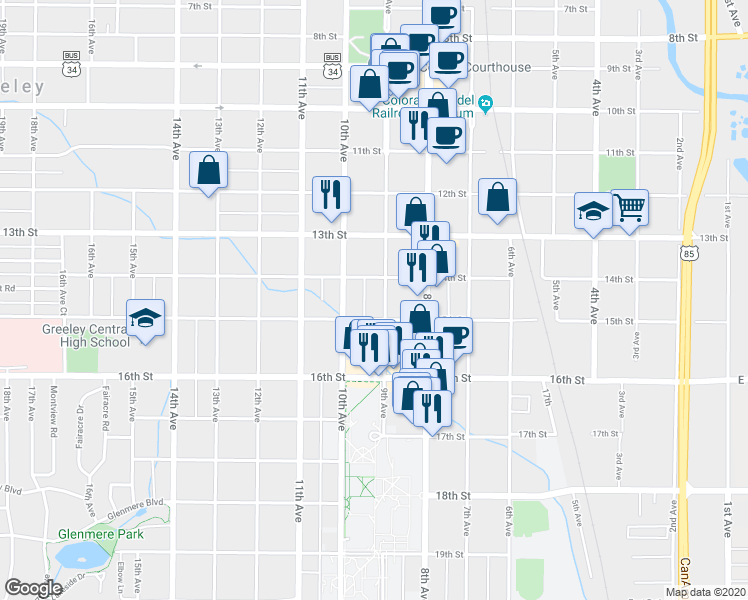 map of restaurants, bars, coffee shops, grocery stores, and more near 1427 9th Avenue in Greeley
