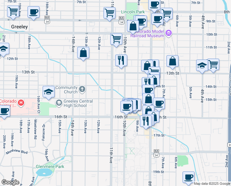 map of restaurants, bars, coffee shops, grocery stores, and more near 1017 15th Street in Greeley