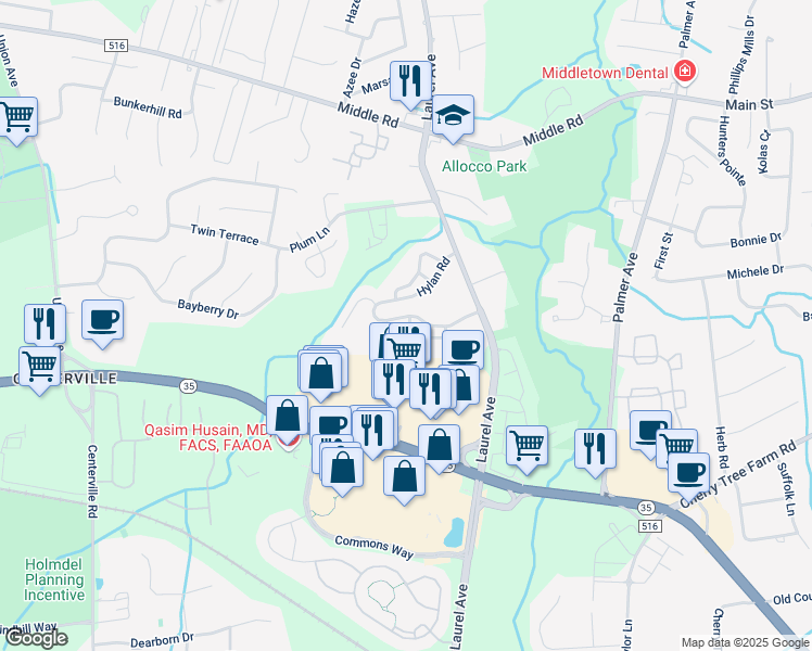 map of restaurants, bars, coffee shops, grocery stores, and more near 5 Bristel Road in Holmdel