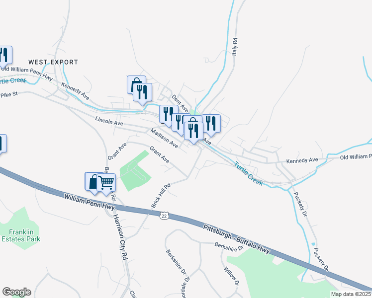 map of restaurants, bars, coffee shops, grocery stores, and more near 5883 Madison Avenue in Export