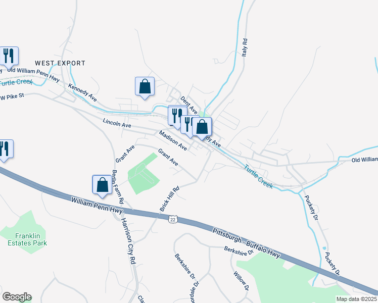 map of restaurants, bars, coffee shops, grocery stores, and more near 5883 Madison Avenue in Export