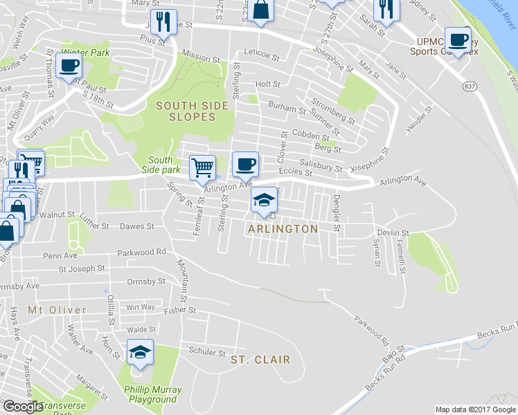 map of restaurants, bars, coffee shops, grocery stores, and more near 2416 Spring Street in Pittsburgh