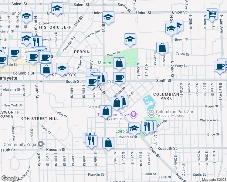 map of restaurants, bars, coffee shops, grocery stores, and more near 20 Grant Street in Lafayette