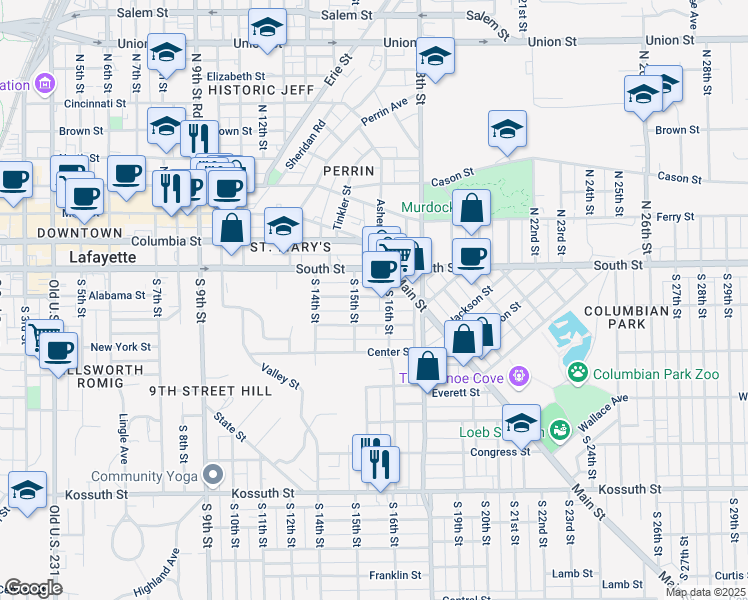 map of restaurants, bars, coffee shops, grocery stores, and more near 115 South 15th Street in Lafayette