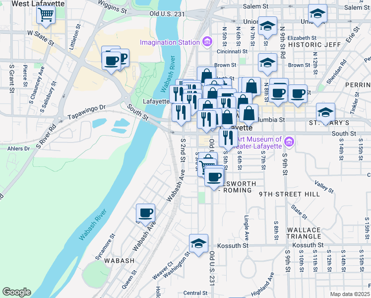 map of restaurants, bars, coffee shops, grocery stores, and more near 111 South 2nd Street in Lafayette