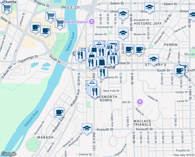 map of restaurants, bars, coffee shops, grocery stores, and more near 116 South 5th Street in Lafayette