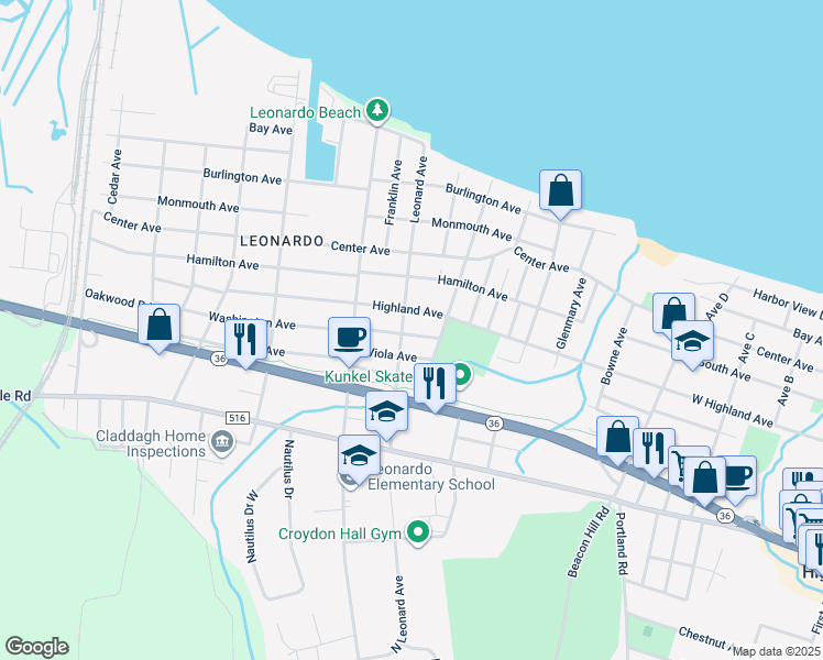 map of restaurants, bars, coffee shops, grocery stores, and more near 8 Washington Avenue in Leonardo