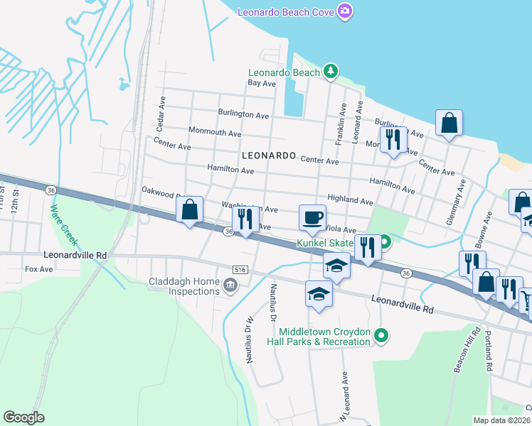 map of restaurants, bars, coffee shops, grocery stores, and more near 56 Washington Avenue in Middletown Township