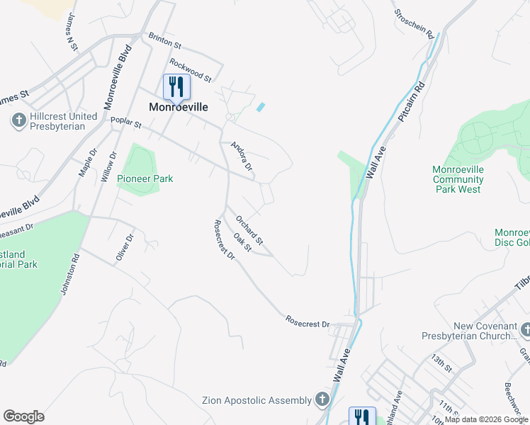 map of restaurants, bars, coffee shops, grocery stores, and more near 201 Orange Street in Monroeville