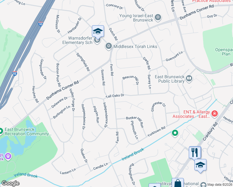 map of restaurants, bars, coffee shops, grocery stores, and more near 88 Tall Oaks Drive in East Brunswick