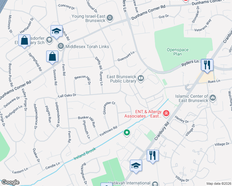 map of restaurants, bars, coffee shops, grocery stores, and more near 55 Tall Oaks Drive in East Brunswick