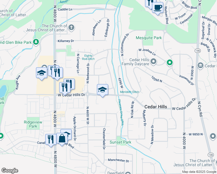 map of restaurants, bars, coffee shops, grocery stores, and more near 10148 Evergreen Circle in Cedar Hills